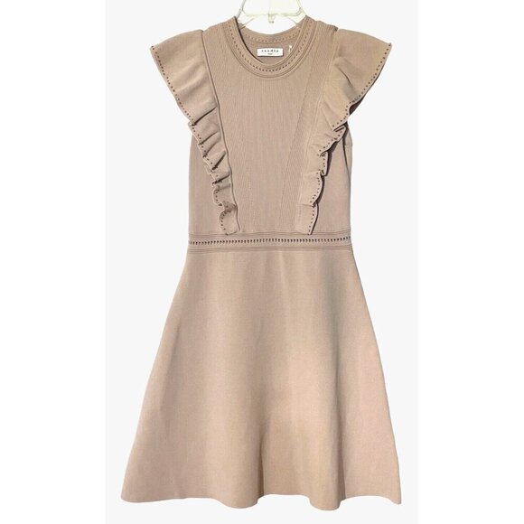 SANDRO PARIS Tilla Pink Blush Ruffle-Trim Embellished Rib-Knit Mini Dress - Picture 4 of 13